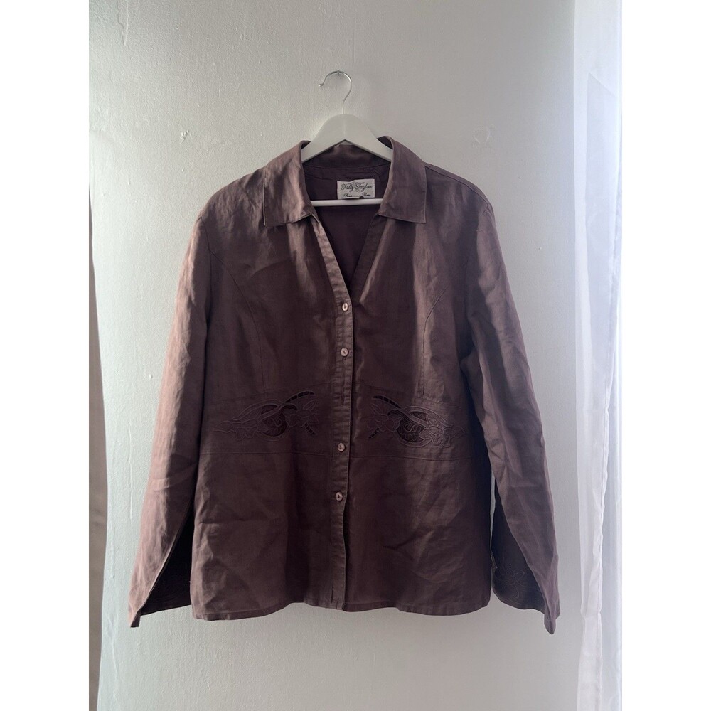 Tally Taylor Women 16 Brown 100% Linen Embroidered Lace Button Up Blouse Country